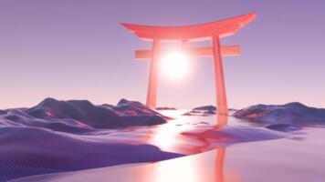 Sunset Over Tranquil Waters Abstract Torii Gate in Minimalist 3D Art video