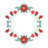 Round Christmas Frame with Poinsettia and mittens. Winter frame with empty space for text. Christmas and New Year. Isolated illustration. vector