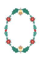 Oval Christmas Bell Frame. Poinsettia and bells. Winter frame with empty space for text. Christmas and New Year. Isolated illustration. vector