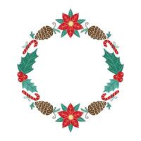 Round Christmas Frame with Poinsettia and cones. Winter frame with empty space for text. Christmas and New Year. Isolated illustration. vector