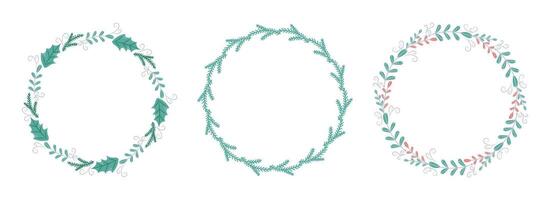 3 Round Christmas frames collection with branches and leaves. Winter frame with empty space for text. Christmas and New Year. Isolated illustration vector