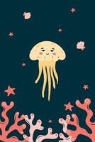 Vertical poster with jellyfish on dark background. Character in children's style. illustration. vector