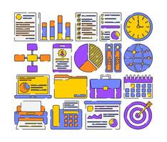Colorful modern styled business and office elements, including charts, documents, calendars, and laptops in a doodle icon Illustration. Perfect for presentations, infographics, or productivity vector
