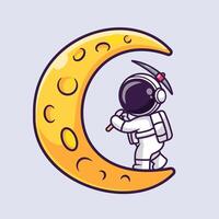 Cute Astronaut Mining Moon With Pickaxe Cartoon vector