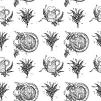 Craft brewing on repeated texture. Wooden beer barrel and bunch of wheat ears black white seamless pattern isolated. Tankard with foam beer and hops plant hand drawn for label, packaging. vector