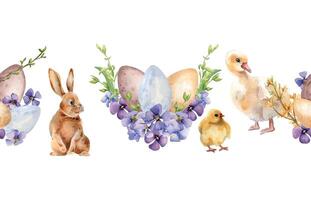 Easter watercolor seamless border with colorful eggs and first spring flowers isolated on white. Floral composition with farm pets hand drawn for Easter design. Rabbit, chick, gosling painted vector