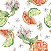 Half bergamot and orange watercolor seamless pattern isolated. Citrus slices and jasmine plants. Hand drawn assorted fruits and flowers in botanical sketch for summer floral print, package, textile. vector