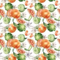 Mixed citrus fruits with white flowers watercolor seamless pattern isolated on white. Hand drawn grapefruit, bergamot with bright orange green peel in botanical sketch style for package, print. vector