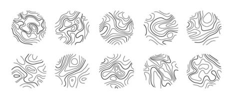 Circular wood rings or topographic map lines texture set. Wood tree topographic abstract lines prints set vector