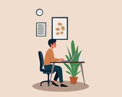 man working at desk with laptop and plant vector