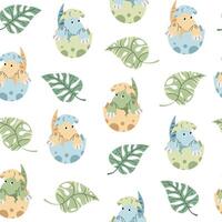 Seamless pattern with cute dinosaurs in an egg in flat style. Endless texture with hatched baby dinosaur and leaves. Childish background for fabric, wallpaper, wrapping paper, scrapbooking, etc. vector