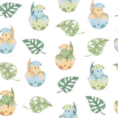 Seamless pattern with cute dinosaurs in an egg in flat style. Endless texture with hatched baby dinosaur and leaves. Childish background for fabric, wallpaper, wrapping paper, scrapbooking, etc.