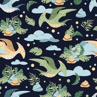 Seamless pattern with cute dinosaurs in flat style. Endless texture with flying pterodactyl with clouds and tropical plants. Childish background for fabric, wallpaper, wrapping paper, scrapbooking etc vector