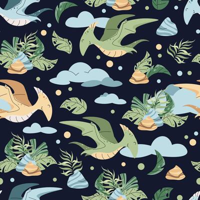 Seamless pattern with cute dinosaurs in flat style. Endless texture with flying pterodactyl with clouds and tropical plants. Childish background for fabric, wallpaper, wrapping paper, scrapbooking etc
