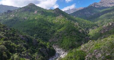 Drone flyby of a railway bridge in Corsicas dramatic mountains highlighting rugged landscape views video