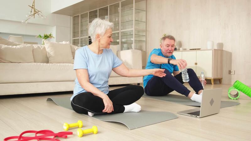 Yoga mindfulness water. Senior adult mature couple drinking water after practicing yoga with online lessons in laptop. Old wife husband drink water before workout. Family doing sports exercise at home 52191179 Stock Video at Vecteezy