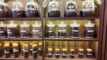 Roasted coffee beans in glass jars on shelves in coffee shops. Various specialty coffees, each with unique production methods, distinct flavors, and diverse origins. cafe in Hanoi, Vietnam. 4k footage video