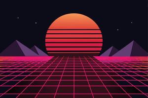 Retro Sunset Over Pyramids, Gridded Landscape vector