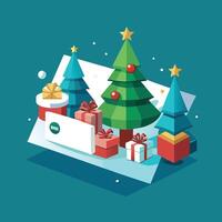 Christmas Gift Delivery With Envelope And Trees. vector