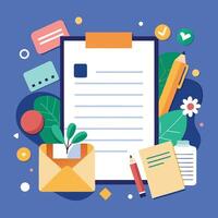 Checklist with Envelope, Pencils, and Notes on Blue Background. vector