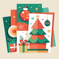 Abstract Christmas Card Design With Tree, Ornaments, And Gifts vector