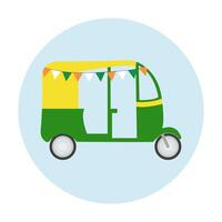 Rickshaw or Tuk Tuk decorated with flags in the colors of the Indian flag. Flat illustration. Indian auto transport for passengers in the cities. vector