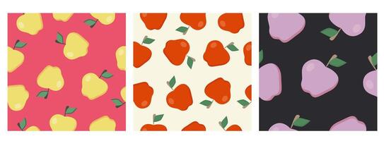 Set of three seamless patterns with apples. Red, yellow and purple fruits . Patterned backgrounds. designs for print, wallpaper, textile, wrapping, wall art, decoration. vector