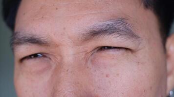 A close-up shot of an Asian man's eyes, appearing tired and slightly droopy. The image captures fine details, such as skin texture and faint wrinkles video