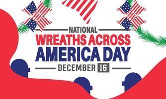 National Wreath through America Day. Horizontal banner with wreath of evergreen branches and US flags. Traditional memorial day for heroes at national cemetery in December. illustration. vector