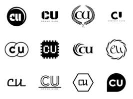 CU logo company template. Letter c and u logotype. Set different classic serif lettering and modern bold text with design elements. Initial font typography. vector
