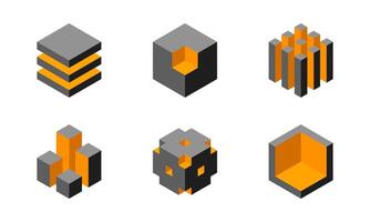 Cube logo, geometric design. Box logotype company, trendy tech emblem in pixel style. vector