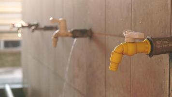 A wall with a row of yellow faucets in mosque. The faucets are dripping water, used for wudhu. video