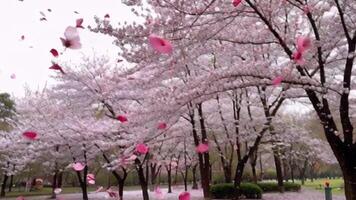 Cherry Blossom Petals Falling Like Pink Snowflakes in a Park video