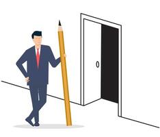 A young man in a suit draw an open door, found a way out of a difficult situation. illustration. vector