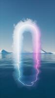 Cloud with glowing neon lines and water surface, 3d rendering. video