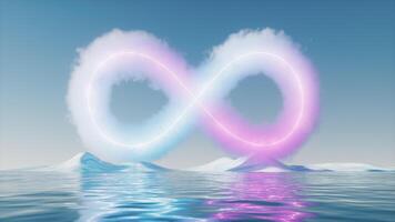 Cloud with glowing neon lines and water surface, 3d rendering. video