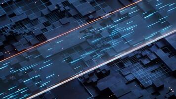 Technology circuit board with flowing transmission lines, 3d rendering. video