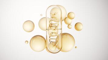 Medical capsule with golden bubbles background, 3d rendering. video