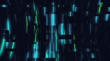 Technology background with flashing blue and green neon digital data lights and glitch effect. Data visualization or network security concept. Sleek high-tech futuristic animation. video