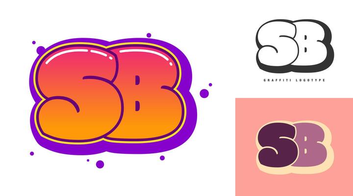 SB logo design for festival or party. Initial letter s and b in graffiti style. Creative modern lettering company name of font typography. Kids trendy logotype or identity.