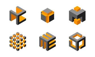 Cube logo, geometric design. Box logotype company, trendy tech emblem in pixel style. vector