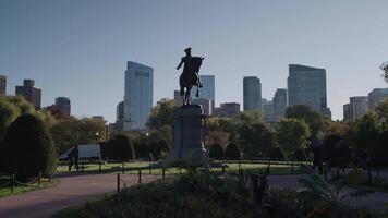 Boston, USA - October 15, 2024 - An equestrian statue of George Washington by Thomas Ball is installed in Boston's Public Garden, in the U.S. state of Massachusetts. video