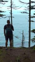 Rear view of man on edge of mountain overlooking sea. Clip. Man stands on mountain in forest overlooking sea. Man came to edge of forest at sea cliff video