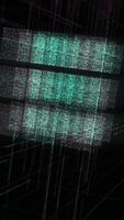 3D spinning cube in the computing core with interchanging Information streams. Animation. Volumetric pattern with a green cube made of millions of tiny particles shimmering on black background video