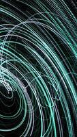 Abstract spiral rotating glowing blue and turquoise lines. Animation. Beautiful whirl with flying bending rays on black background, seamless loop. video