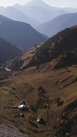 Lush forest and cliffs in a morning fog. Action. Aerial view of a beautiful stream flowing on mountain trail among green hills. video