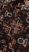 Animation of electronic cells. Animation. Lots of colored cells with business-themed images. Electronic icons with symbols and images for Internet video