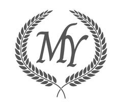 Initial letter M and Y, MY monogram logo design with laurel wreath. Luxury calligraphy font. vector