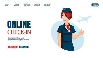 Online check in concept website, web page design. Young smiling stewardess showing thumbs up. Flat design, cartoon style. Traveling, Air travel, airlines concept. vector