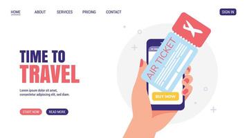 Woman Hand Holding Smartphone with air ticket and button buy now. Online Shopping concept. Flat design, cartoon style. . Travelling concept website, web page design. vector